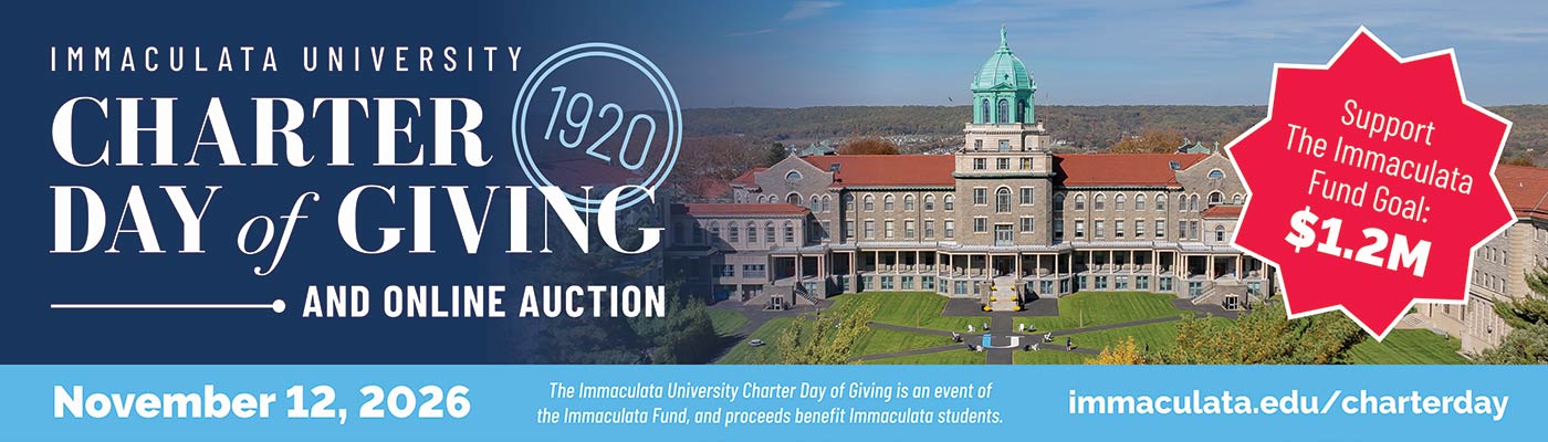 Picture of campus building with text "Immaculata University Charter Day of Giving"