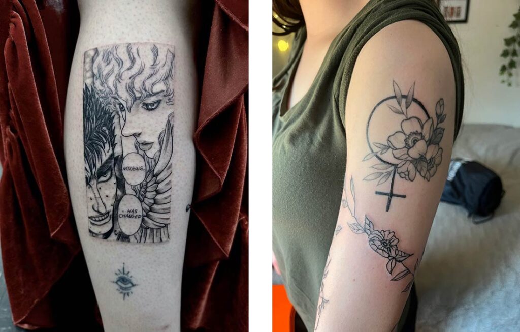 Two arms with tattoos