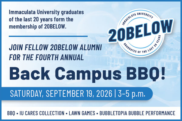 MAG_ADV-SPRING-2026-20B-BBQ-Ad Ad with text: Join fellow 20below alumni for the fourth annual back campus BBQ. September 18, 2026.