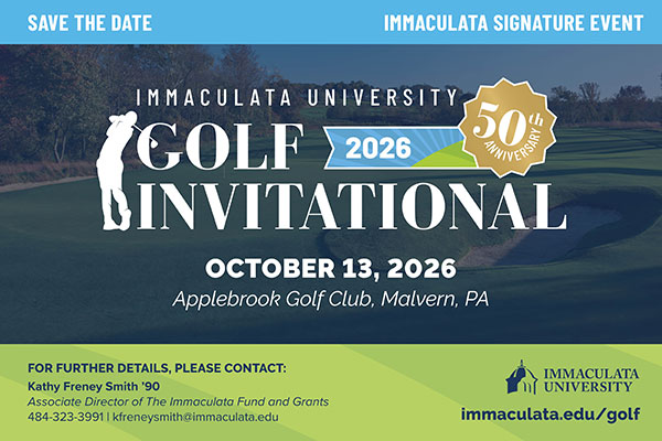 MAG_ADV-Spring-2026-Golf-Ad Ad with text: Immaculata University Golf Invitational, October 13, 2026.
